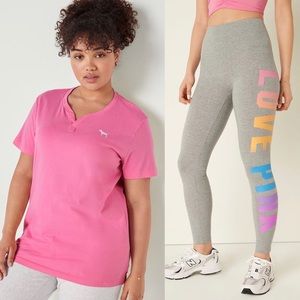 VS Pink Dreamy Pink Short Sleeve Henley Tee & Grey Gradient Rainbow Leggings SET